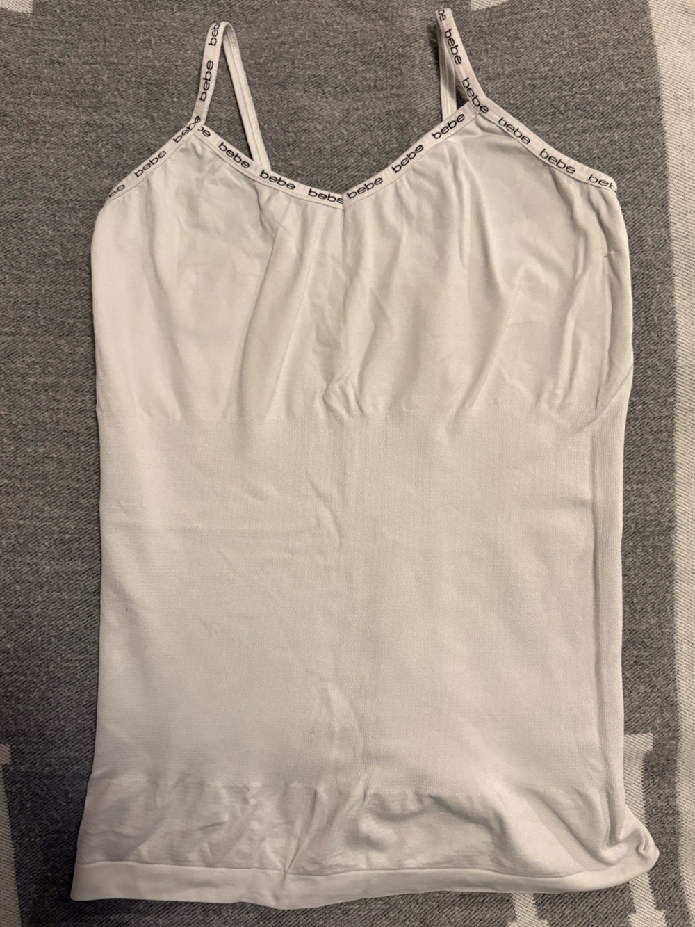 bebe White Ribbed Tank Top with Logo Trim